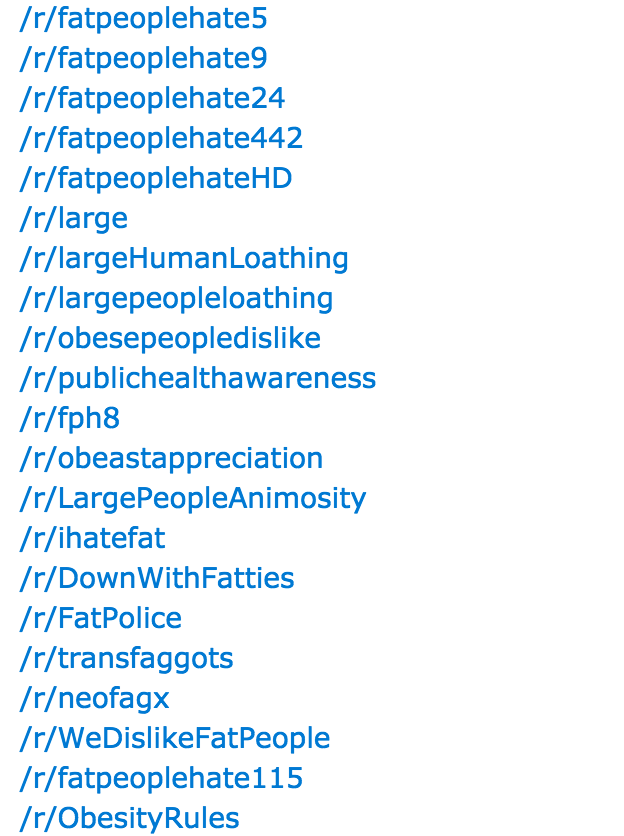A list of banned subreddits related to bodyshaming of fat indivduals